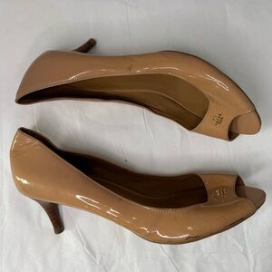 Coach Tan Patent Leather Delilah Peep-Toe Heels Size 9.5B
